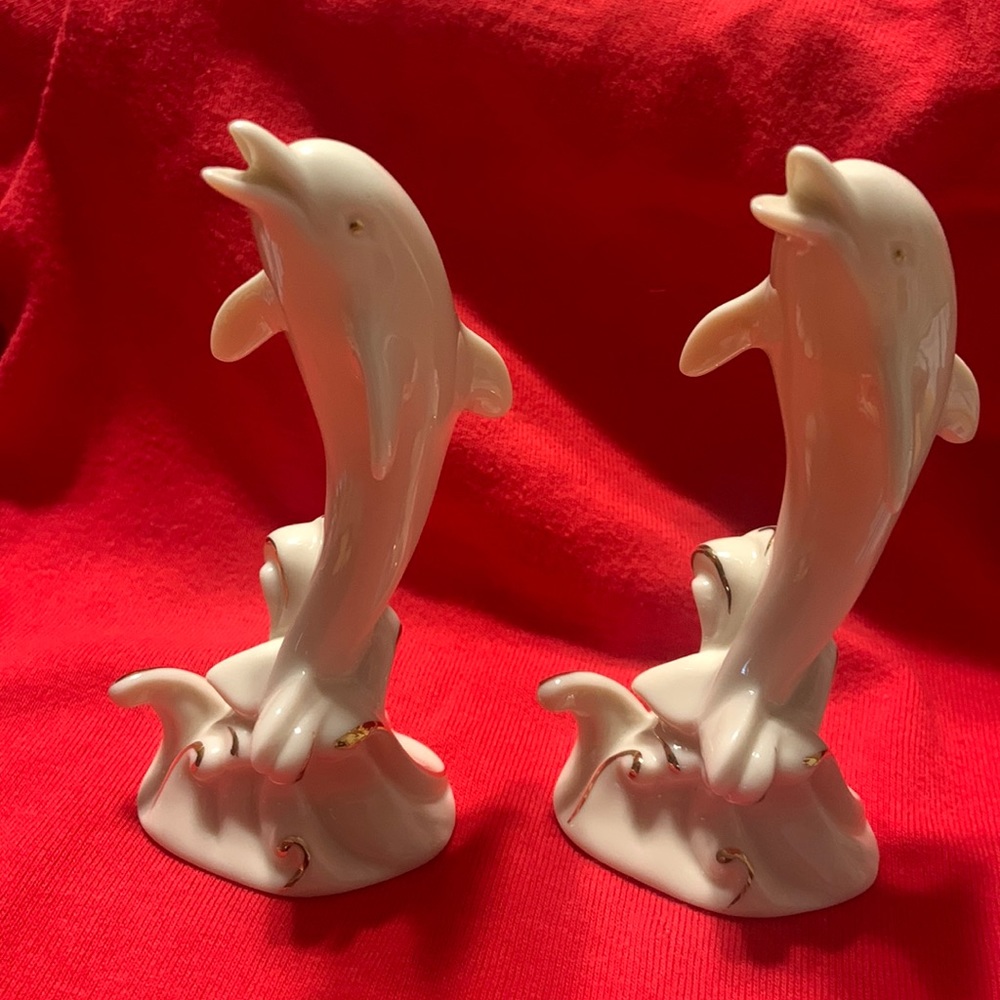 2 Lenox Ivory and Gold Dolphin Figurines